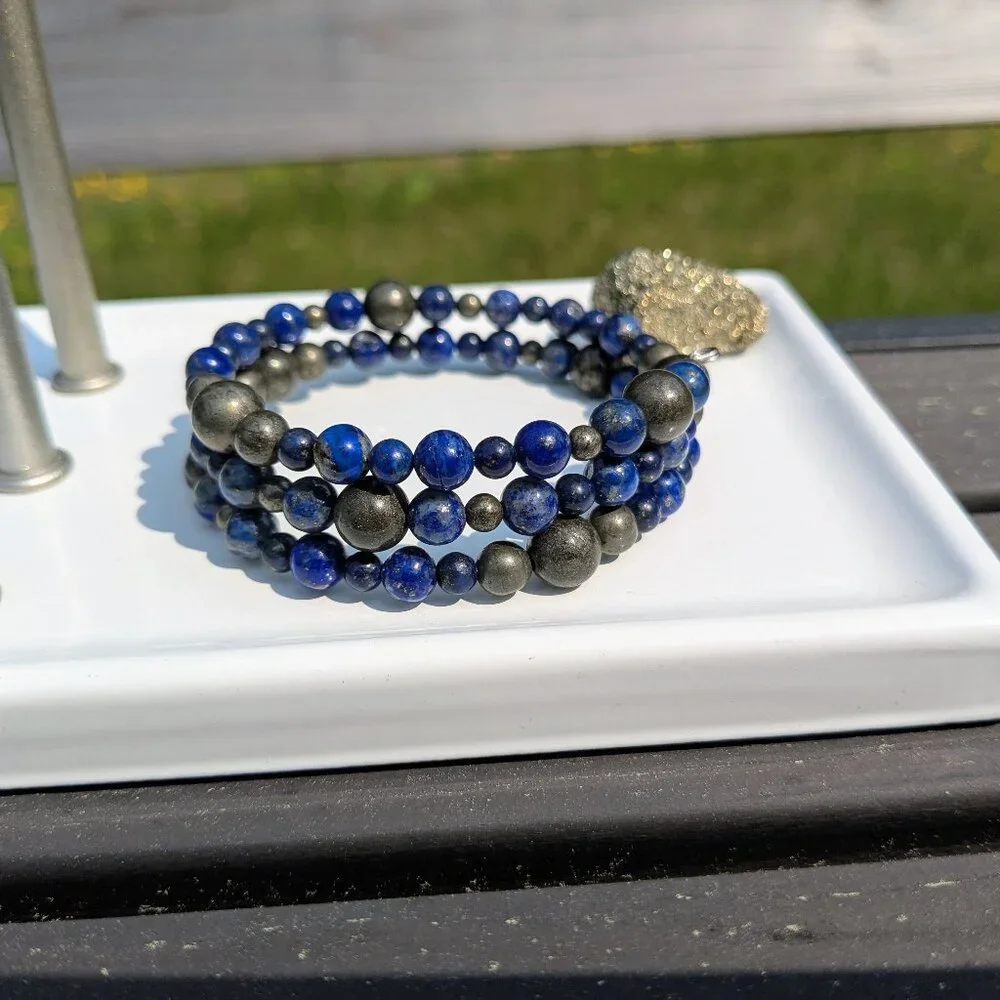 Natural Lapis Lazuli and Pyrite Memory Wire Layer Bracelet - Picture 8 of 14